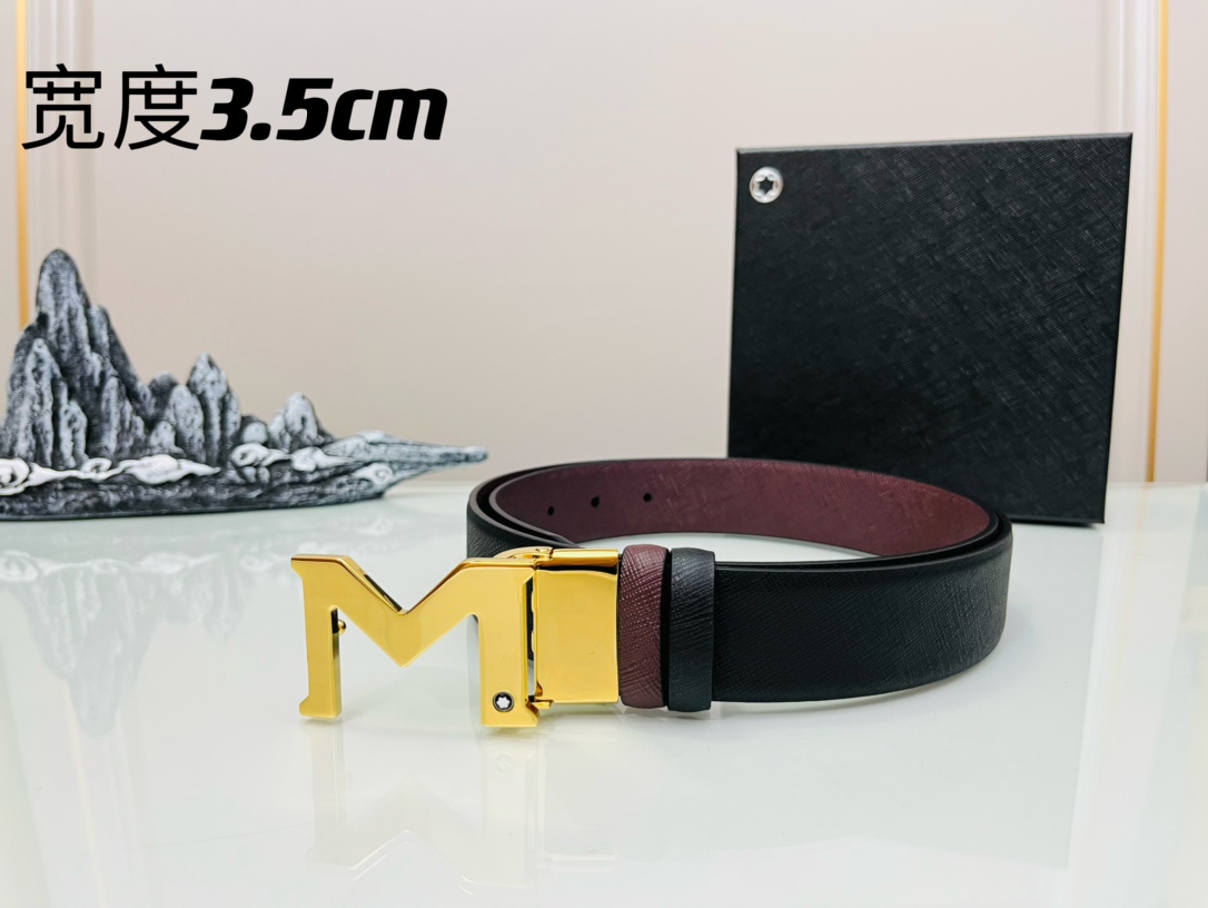 I5  Montblanc 万宝龙  顶级 皮带腰带：专柜对版 精品铜扣、双面使用专柜质量、头层牛皮、保证真皮 包装：送打孔器 全套包装 宽度：3.5cm 长度：国标90cm-cm 可以自行裁剪