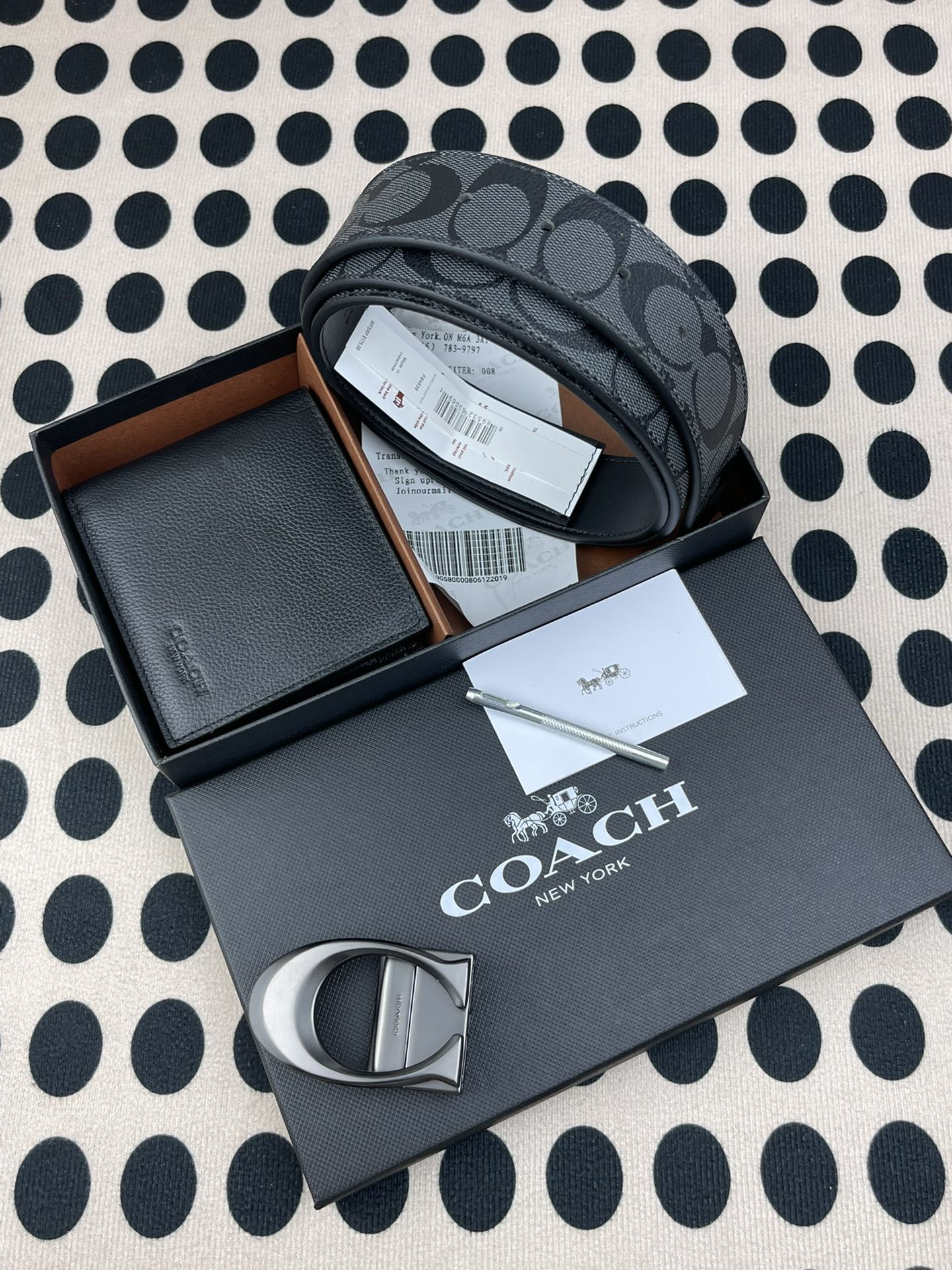 Coach ～coach 送礼男款精品皮带F64839+黑色头成牛皮荔枝纹短款钱包74991