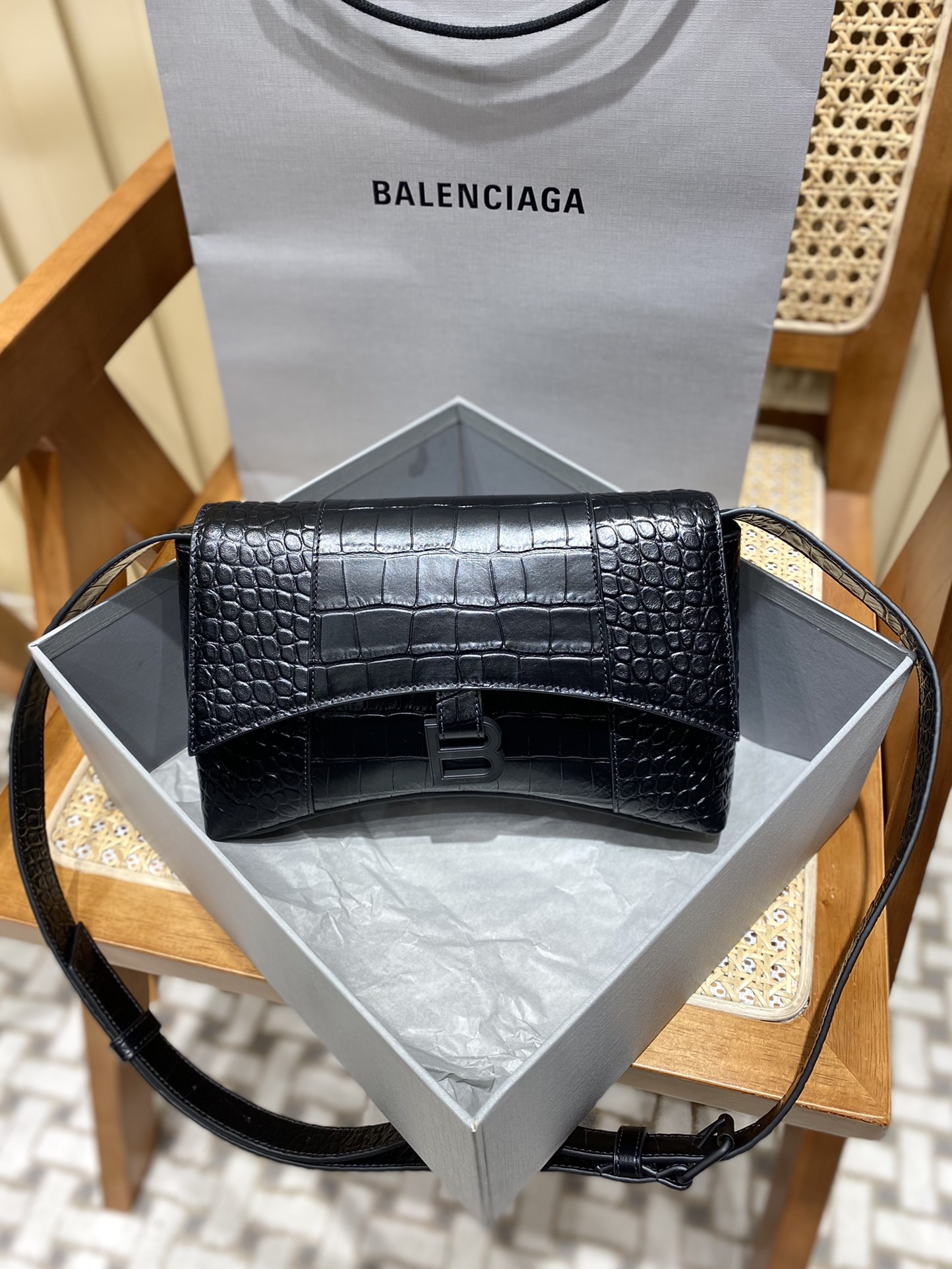 Balenciaga Downtown 25CM BAG 671355黑色鳄鱼纹/黑扣