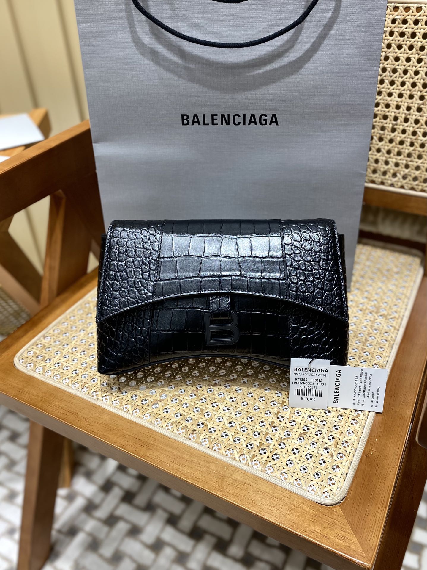 Balenciaga Downtown 25CM BAG 671355黑色鳄鱼纹/黑扣