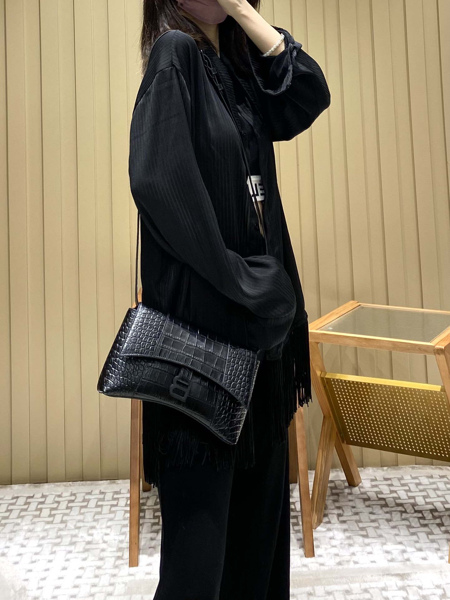 Balenciaga Downtown 25CM BAG 671355黑色鳄鱼纹/黑扣