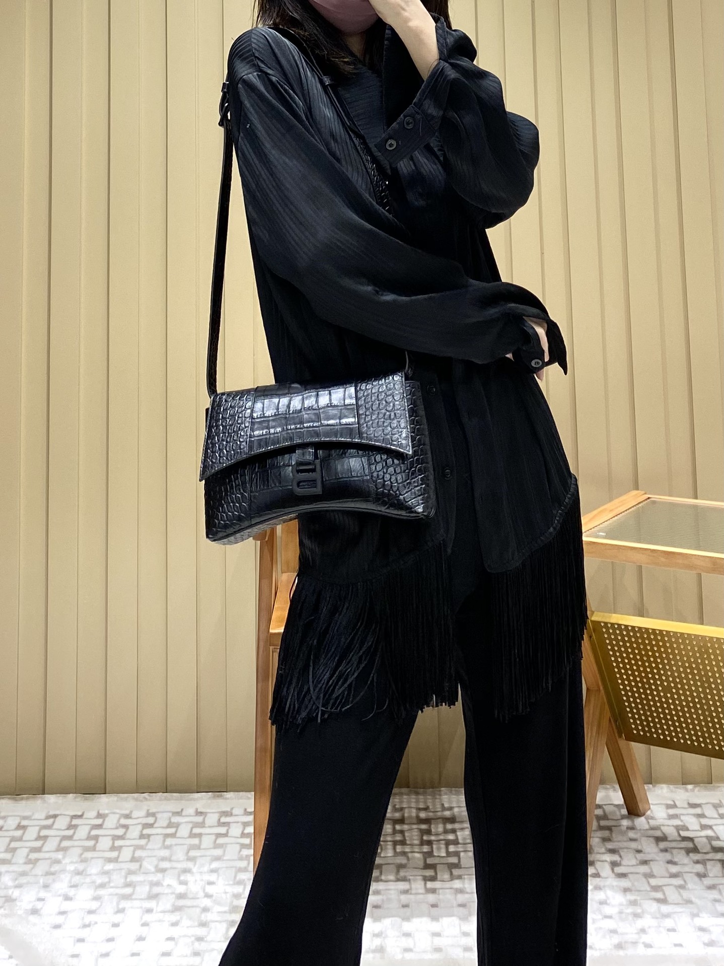 Balenciaga Downtown 25CM BAG 671355黑色鳄鱼纹/黑扣