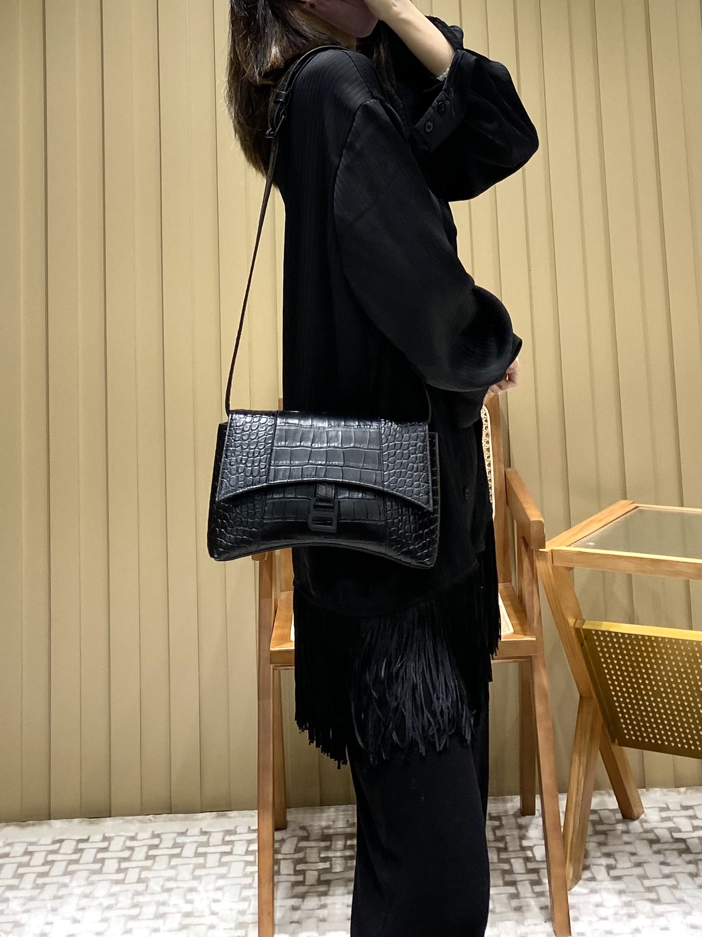 Balenciaga Downtown 25CM BAG 671355黑色鳄鱼纹/黑扣