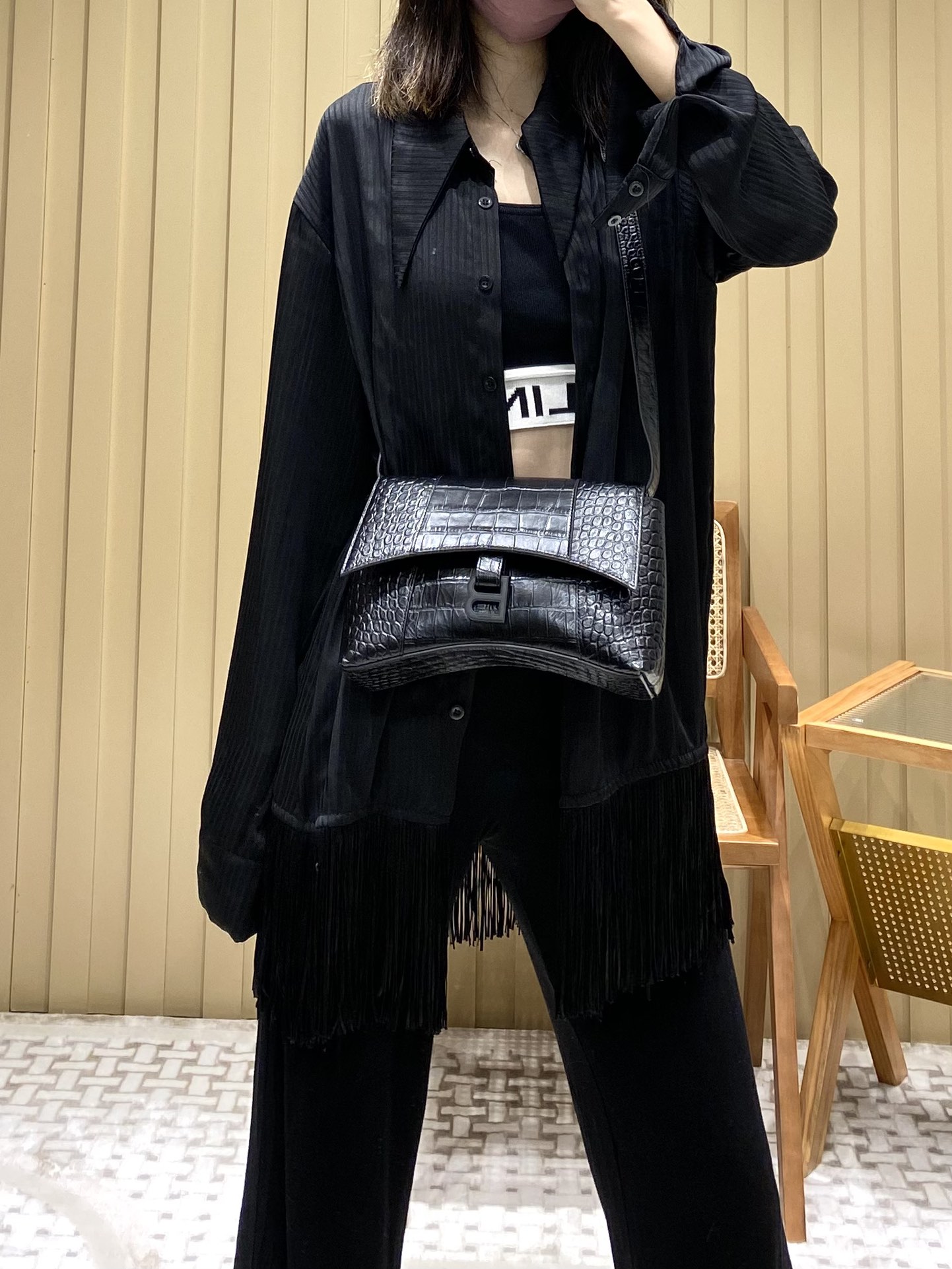 Balenciaga Downtown 25CM BAG 671355黑色鳄鱼纹/黑扣