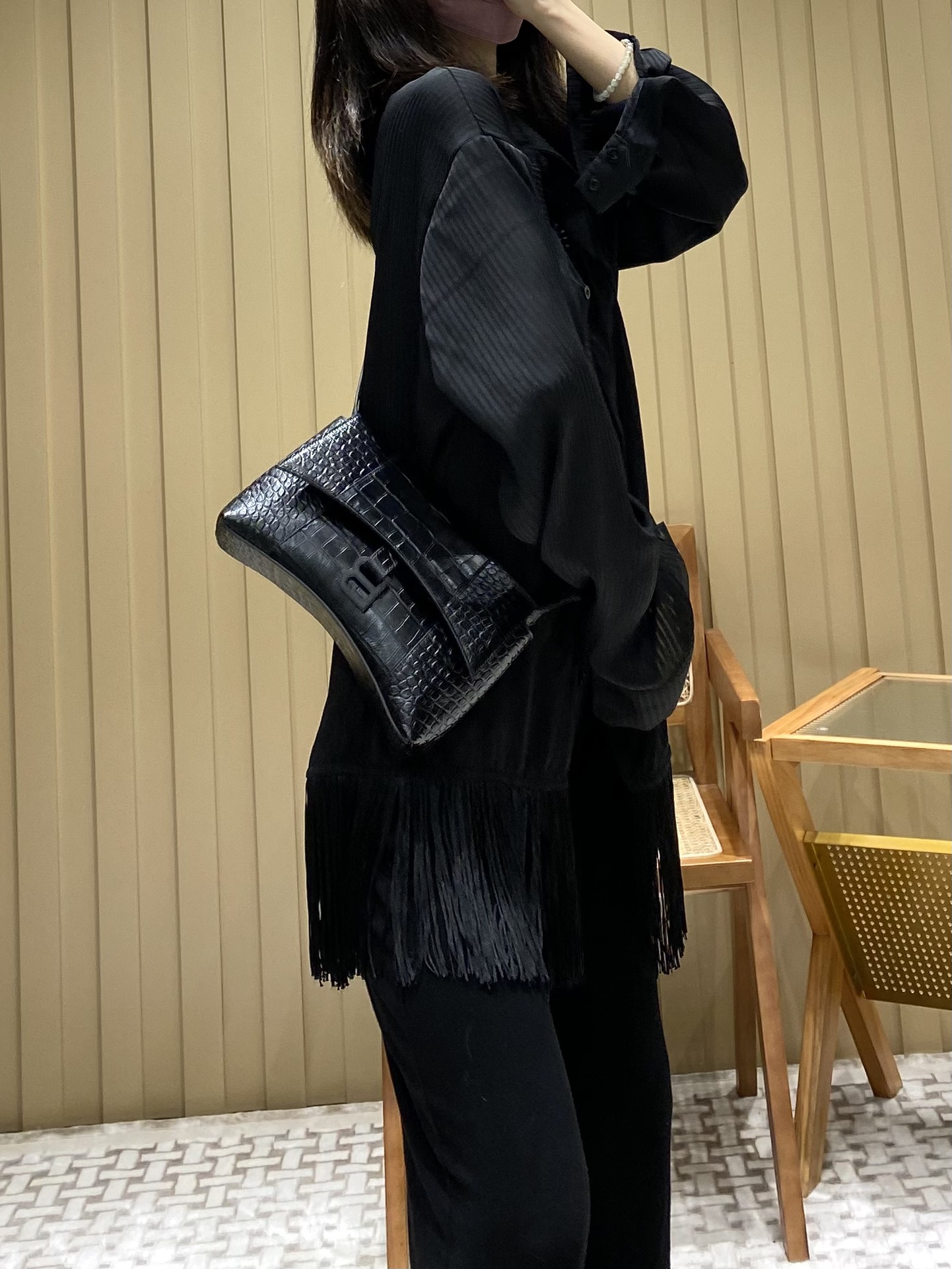 Balenciaga Downtown 25CM BAG 671355黑色鳄鱼纹/黑扣