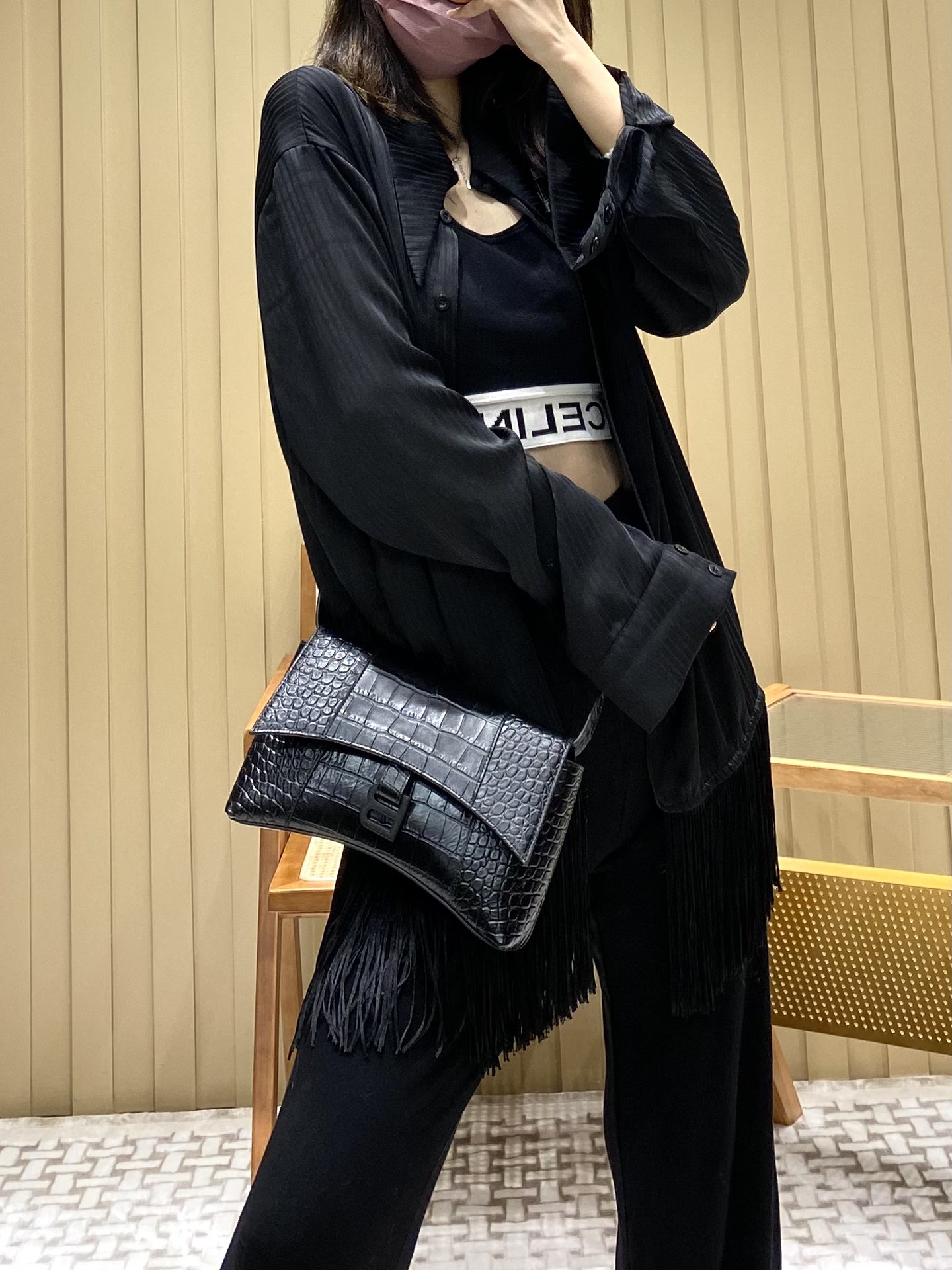 Balenciaga Downtown 25CM BAG 671355黑色鳄鱼纹/黑扣