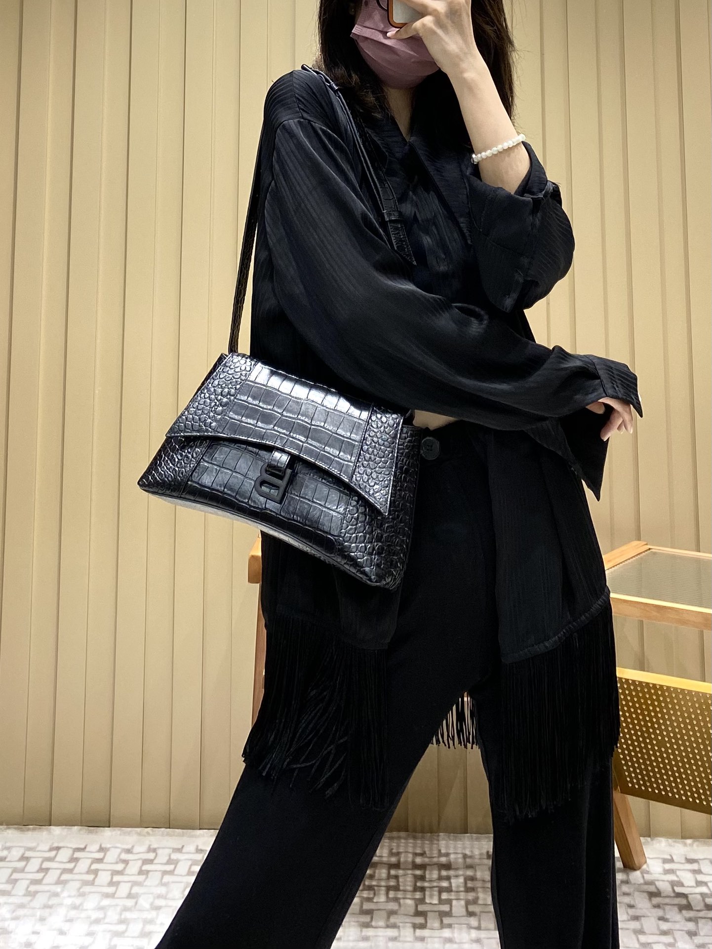 Balenciaga Downtown 29CM BAG 671353黑色鳄鱼纹/黑扣