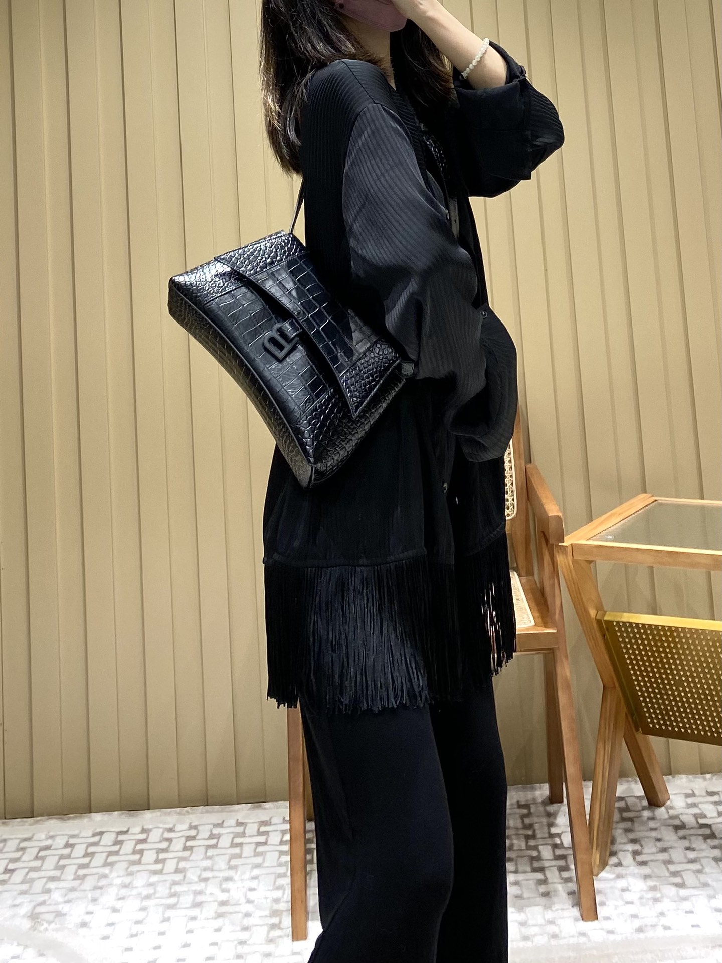 Balenciaga Downtown 29CM BAG 671353黑色鳄鱼纹/黑扣