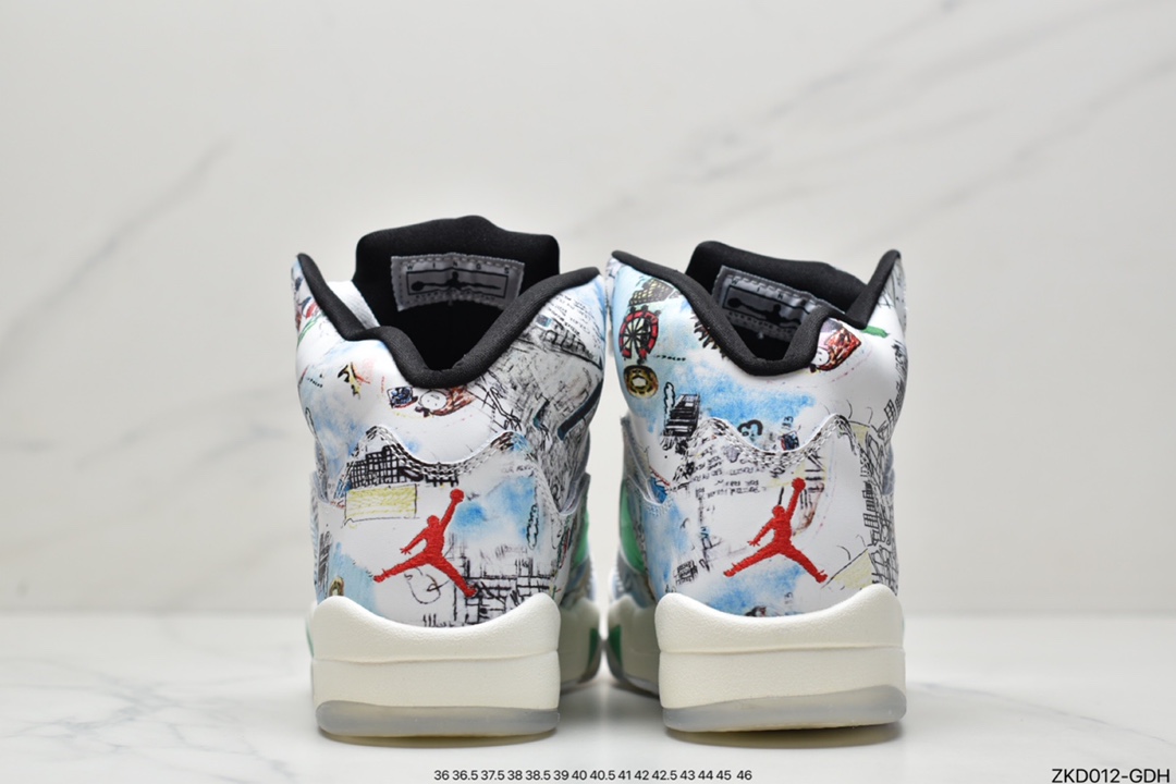 270 乔丹Air Jordan AJ5  Wings 涂鸦  夜光+3M反光」AJ5鞋款整体以白色为主调AV2405-900