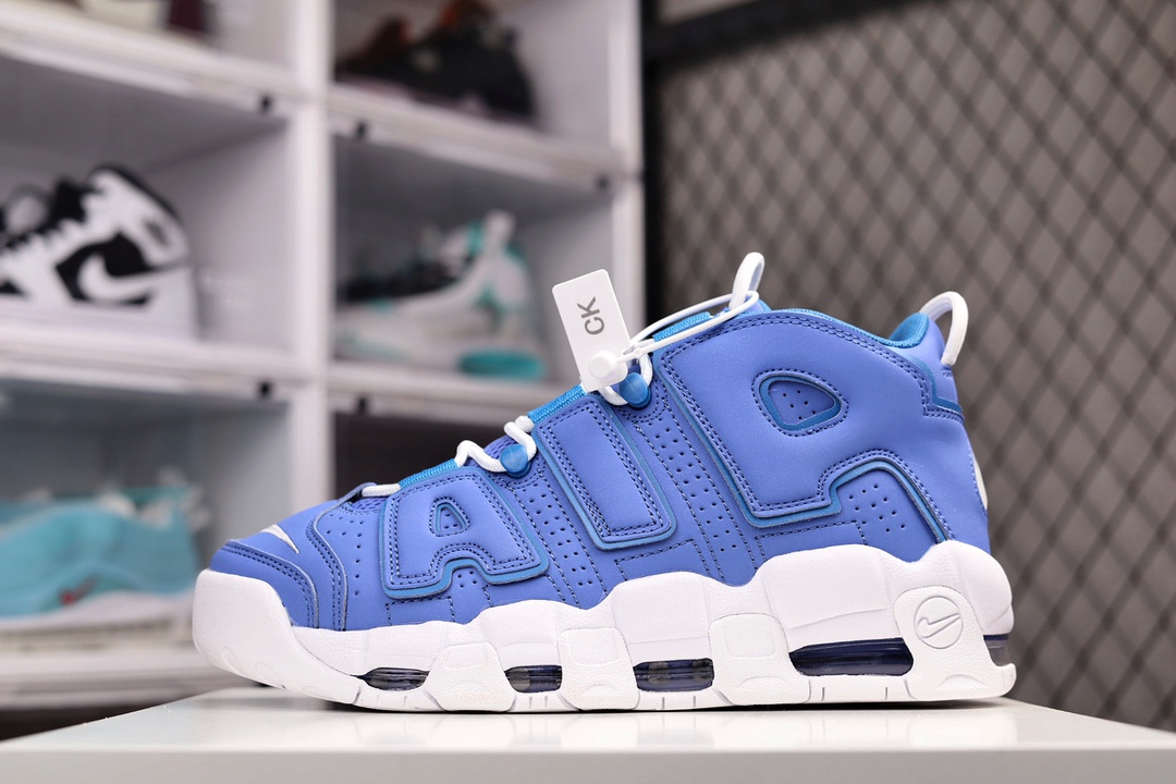 H5 CK纯原版本 Nike Air More Uptempo 皮蓬 小香风 贴布 简约 大AIR 重工高帮复古篮球鞋白蓝 原楦原档案开发版型采用一致牛培革鞋面材质市面最为修正全掌真气垫模具可视全掌透明中底气垫558XQ