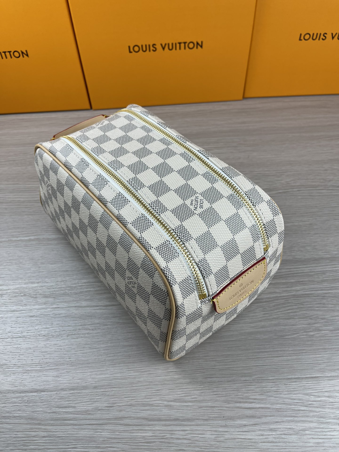 White Cosmetic Bag M47528 - Open View, Large Capacity White cosmetic bag open with large capacity