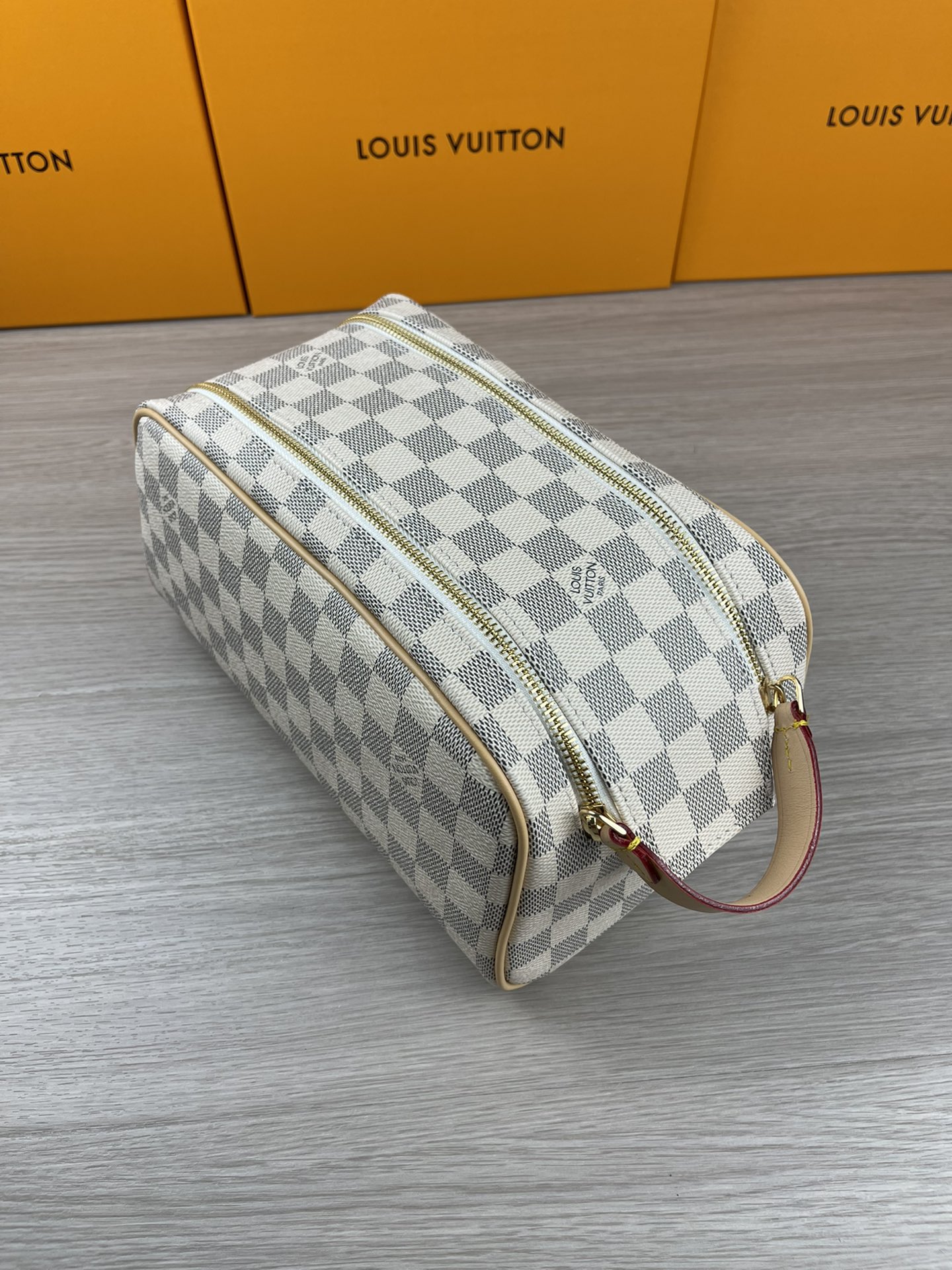 White canvas cosmetic bag exterior view