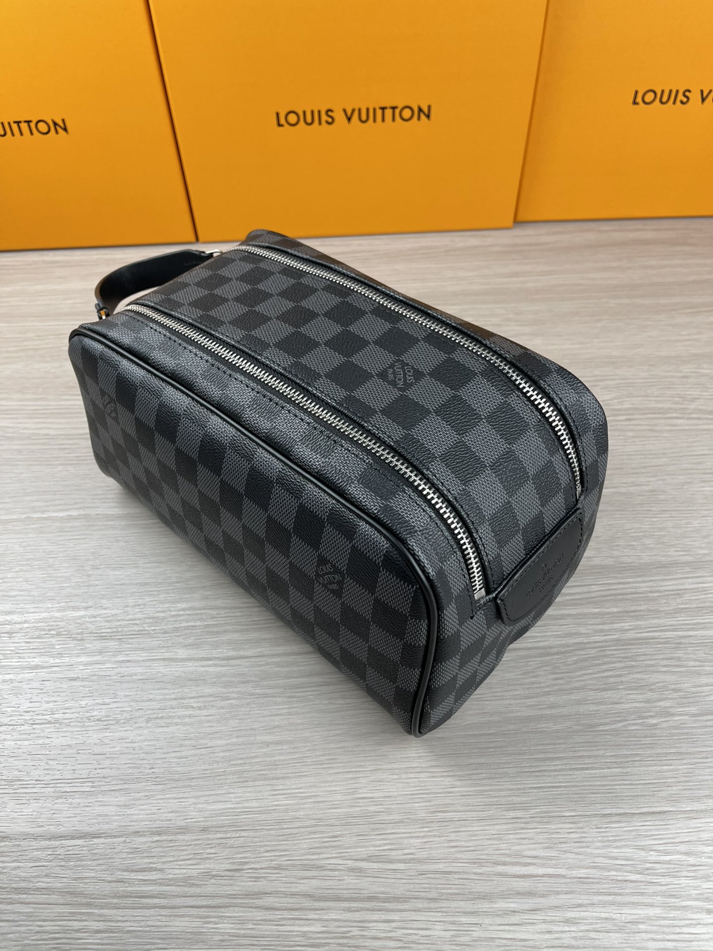 Black Cosmetic Bag M47528 - Open View, Large Capacity Black cosmetic bag open with large capacity