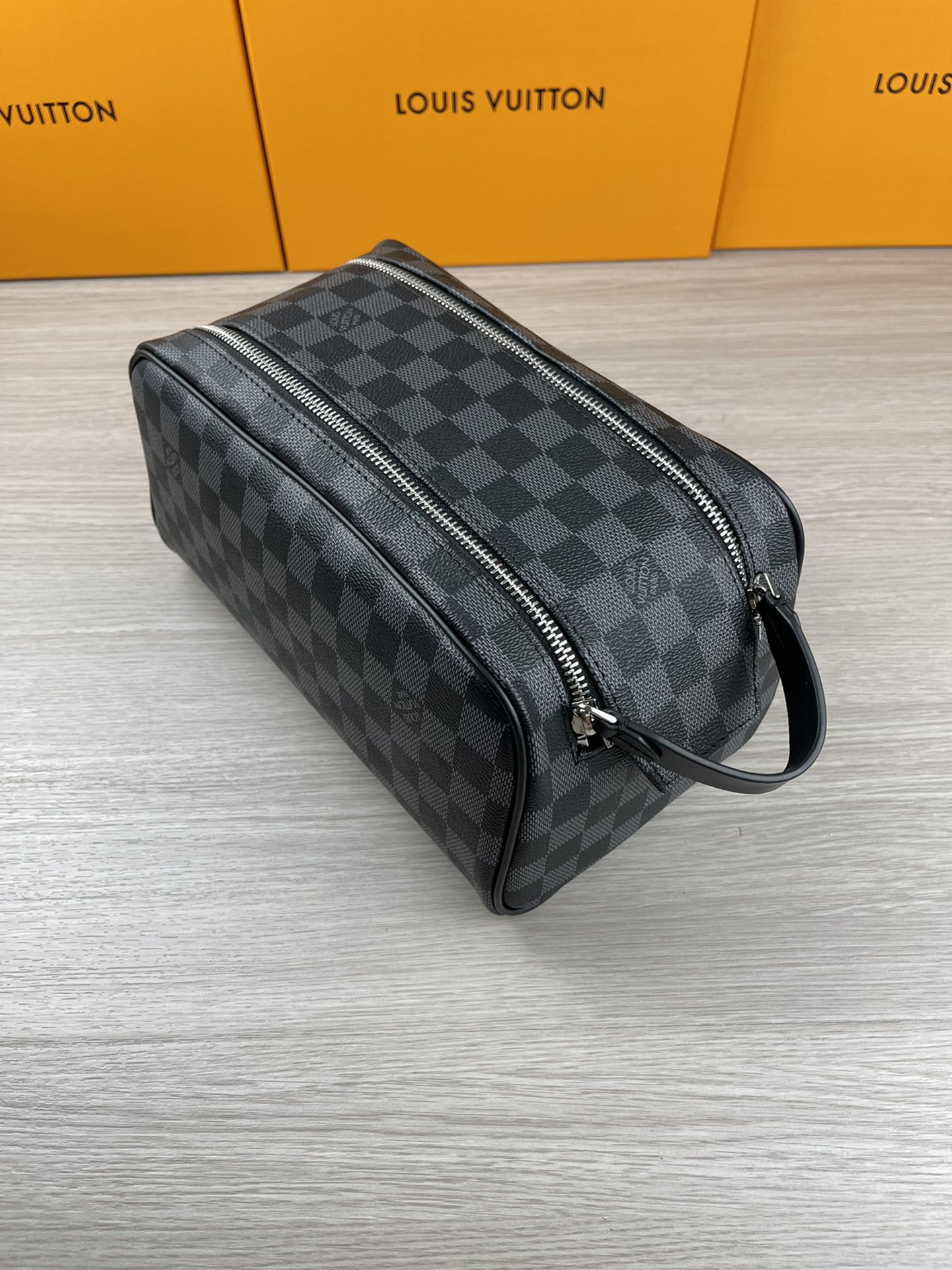 Black canvas cosmetic bag exterior view