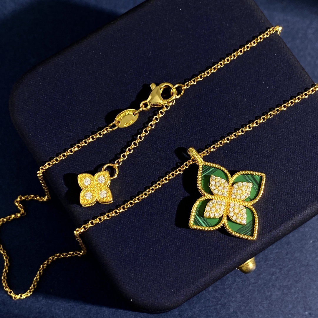 Roberto Coin Princess Flower necklace Yellow gold with white diamond accents available in mother-of-pearl and malachite stone variants 18 inches