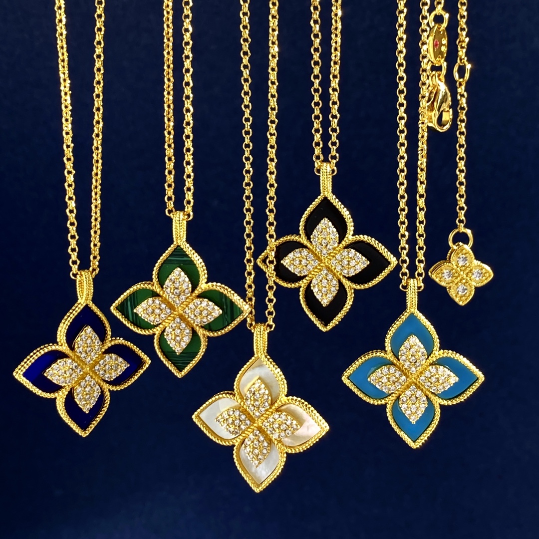 Roberto Coin Princess Flower necklace Yellow gold with white diamond accents available in mother-of-pearl and malachite stone variants 18 inches