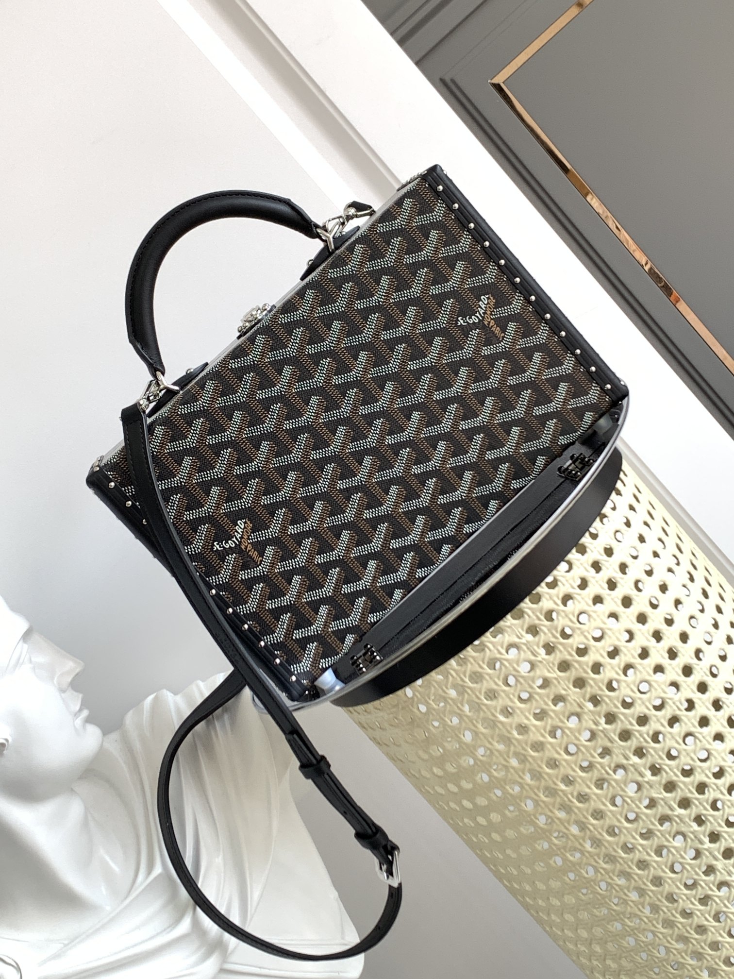 Goyard Grand Hôtel Box Bag Canvas Calfskin Shoulder Strap