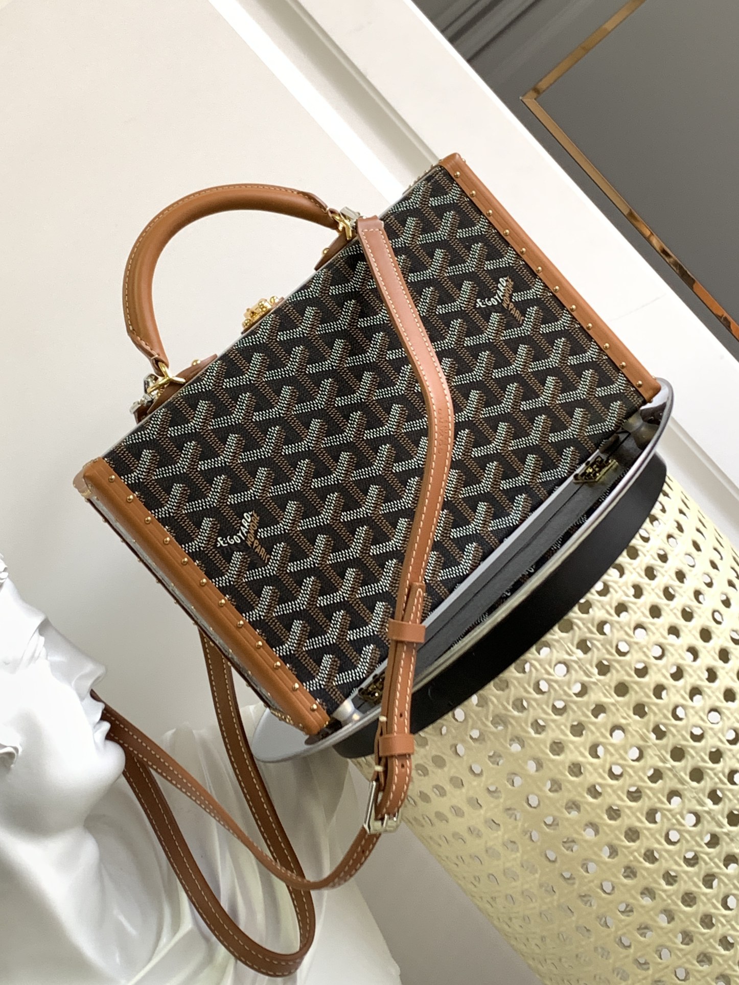 Goyard Grand Hôtel box bag canvas calfskin shoulder strap