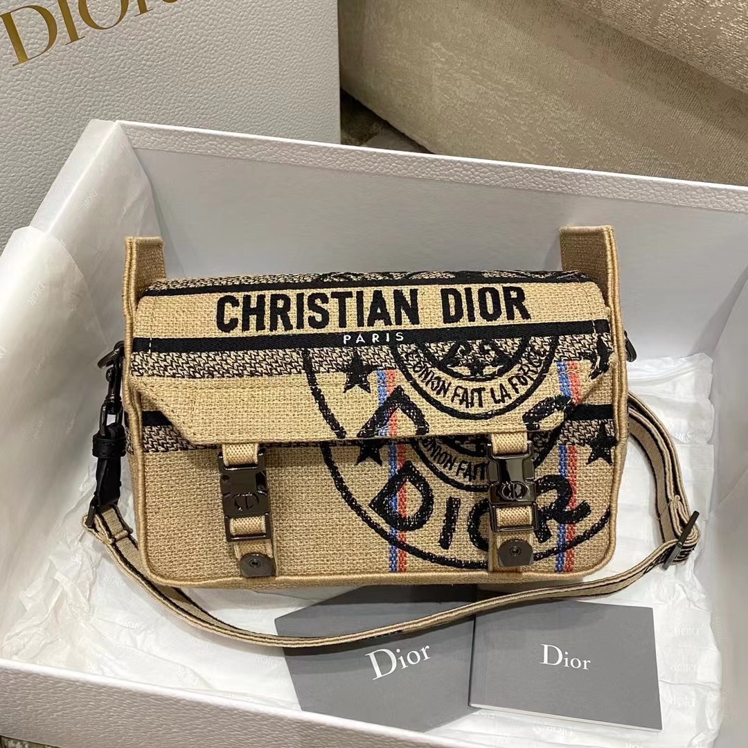 Dior messenger bag cotton linen flap CD buckle detachable shoulder strap