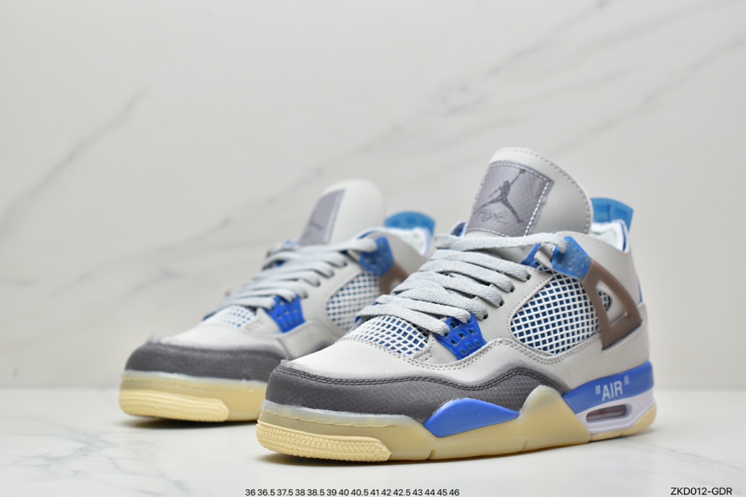 270 乔丹AJ4 OW联名蝉翼 米白色 Off-White x Air Jordan AJ4 Retro"Cream/Sail"“OW联名沙浅棕米白黑”鞋款采用米白色为主体，运用白色进行视觉效果上呼应。当中能够看到全鞋设计上在搭载经典轮廓的同时，亦注入了中底 AIR 字样、泡棉外露鞋舌、异材质拼接、半透明橡胶物料和说明书式字样等标志性元素，提供截然不同的细节质感。官方货号：CV9388-100Size ：36 36.5 37.5 38 38.5 39 40 40.5 41 42 42.5 43 44 44.5 45 46 47.5 ID：ZKD012-GDR