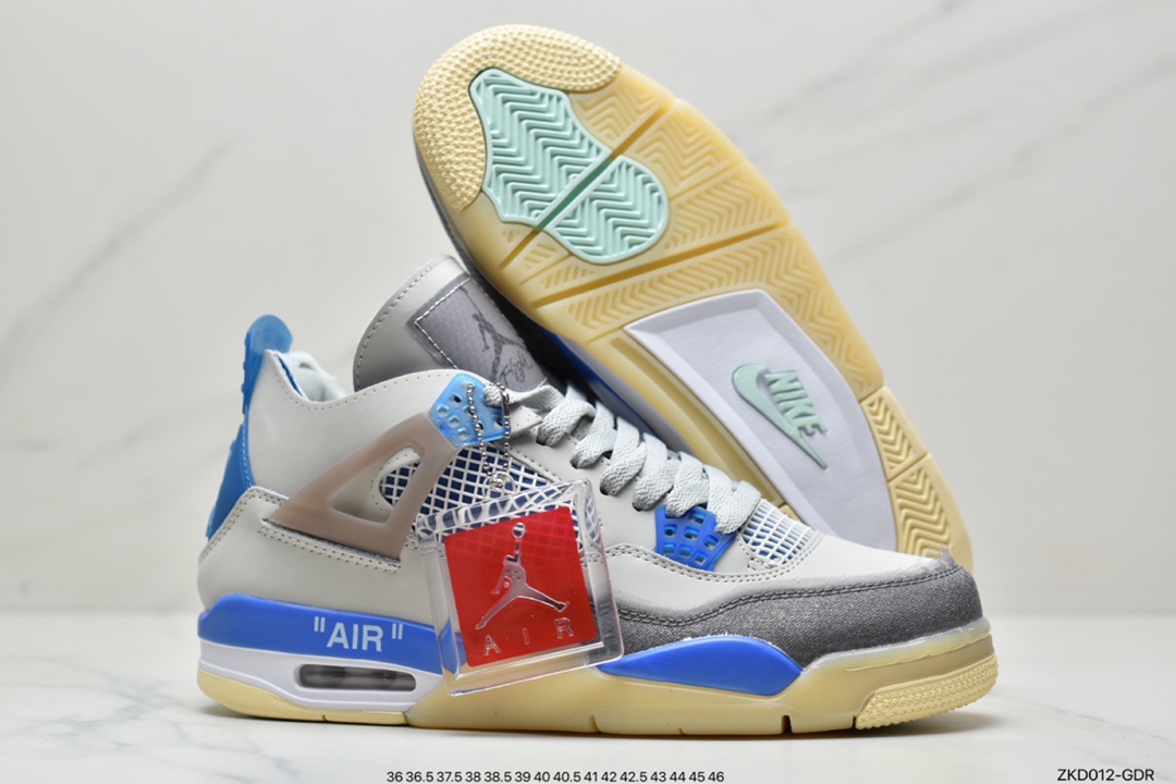 270 乔丹AJ4 OW联名蝉翼 米白色 Off-White x Air Jordan AJ4 Retro"Cream/Sail"“OW联名沙浅棕米白黑”鞋款采用米白色为主体，运用白色进行视觉效果上呼应。当中能够看到全鞋设计上在搭载经典轮廓的同时，亦注入了中底 AIR 字样、泡棉外露鞋舌、异材质拼接、半透明橡胶物料和说明书式字样等标志性元素，提供截然不同的细节质感。官方货号：CV9388-100Size ：36 36.5 37.5 38 38.5 39 40 40.5 41 42 42.5 43 44 44.5 45 46 47.5 ID：ZKD012-GDR