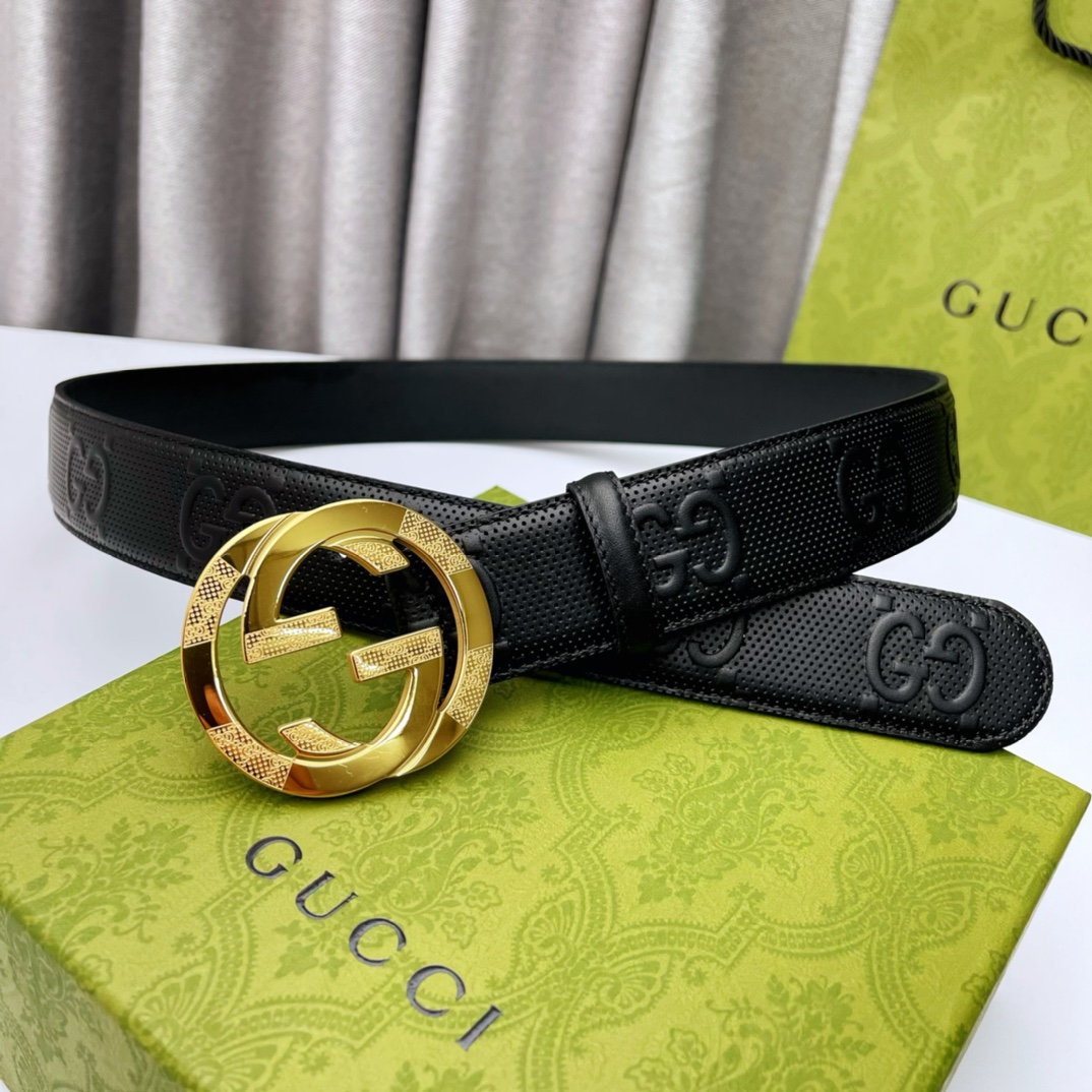 Gucci[正]纯钢花纹五金永不掉色头层牛皮精工制作4.0cm原厂压花正品底！