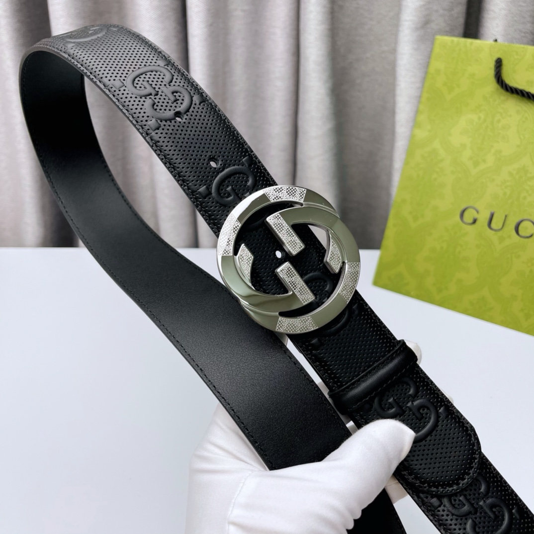 Gucci[正]纯钢花纹五金永不掉色头层牛皮精工制作4.0cm原厂压花正品底！