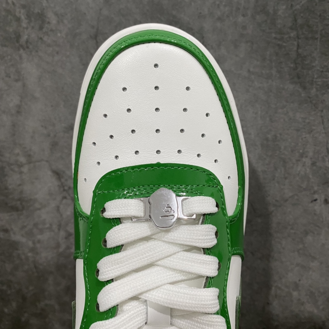 图片[5]-M版纯原 Bape Sta To Low 猿人头低帮运动休闲板鞋 白绿漆皮 市售最高版本 原鞋开发 匠心打造 开发时长超过半年 鞋面内里均采用市场最好的头层牛皮 原数据进口机台高频印压LOGO 中底嵌入Ortholite缓震材质 全套包装 包含猿人logo定制防尘袋 定制迷彩鞋垫一副 尺码：36 38 40 41 42 42.5 43 44 45-选品中心