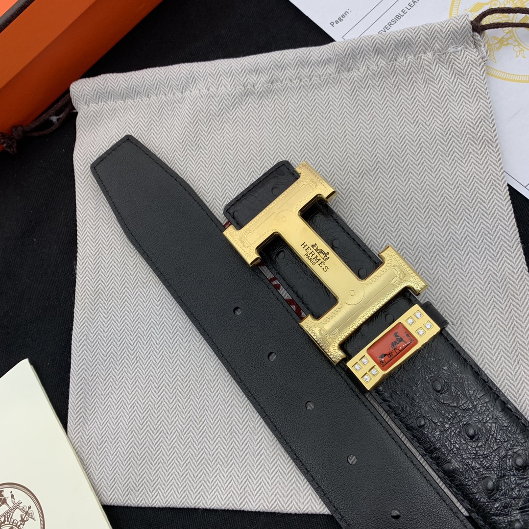 I5   爱马仕男士皮带 ，原厂进口皮，黑色鸵鸟纹头层牛皮，字母内穿精钢五金，宽度3.8cm。  品质如图 皮带