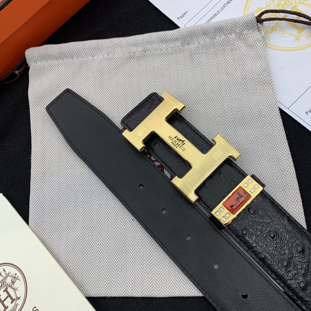 I5   爱马仕男士皮带 ，原厂进口皮，黑色鸵鸟纹头层牛皮，字母内穿精钢五金，宽度3.8cm。  品质如图 皮带