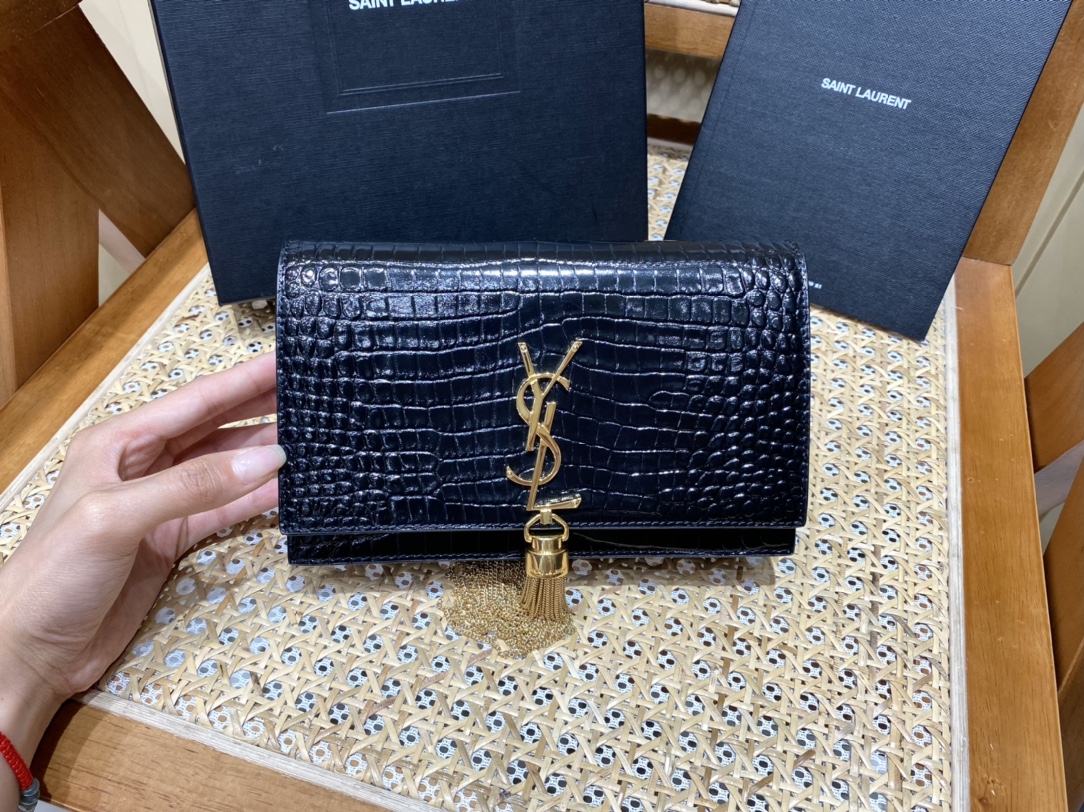 YSL KATE 19CM 流苏链条包 452159鳄鱼纹/黑色金扣