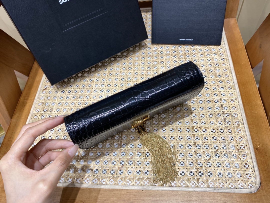YSL KATE 19CM 流苏链条包 452159鳄鱼纹/黑色金扣