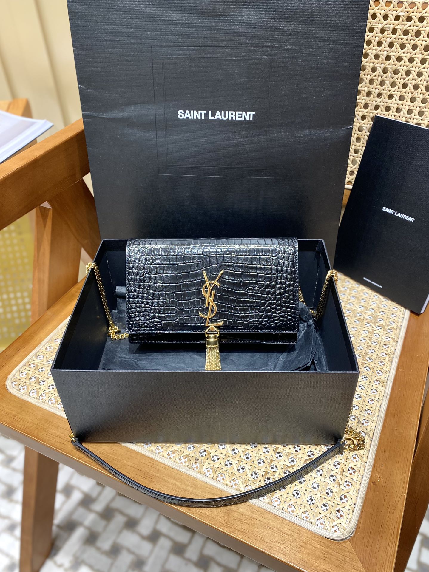 YSL KATE 19CM 流苏链条包 452159鳄鱼纹/黑色金扣