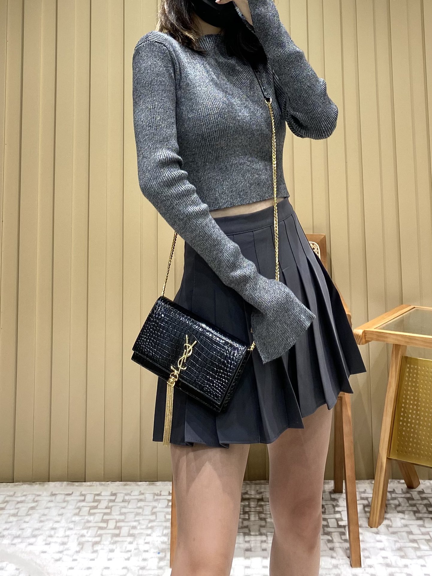YSL KATE 19CM 流苏链条包 452159鳄鱼纹/黑色金扣