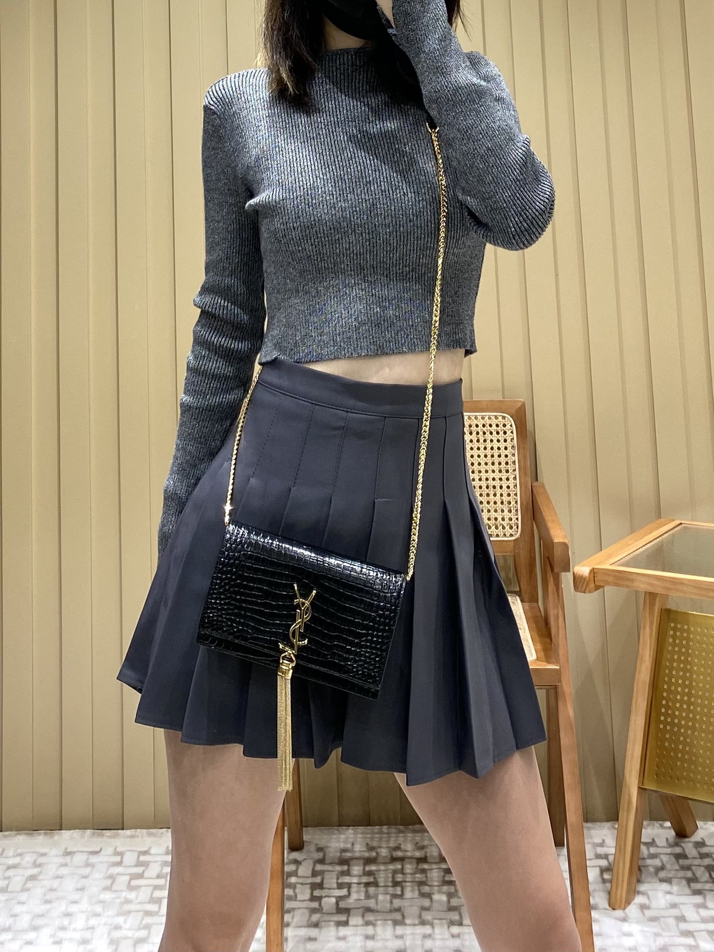 YSL KATE 19CM 流苏链条包 452159鳄鱼纹/黑色金扣