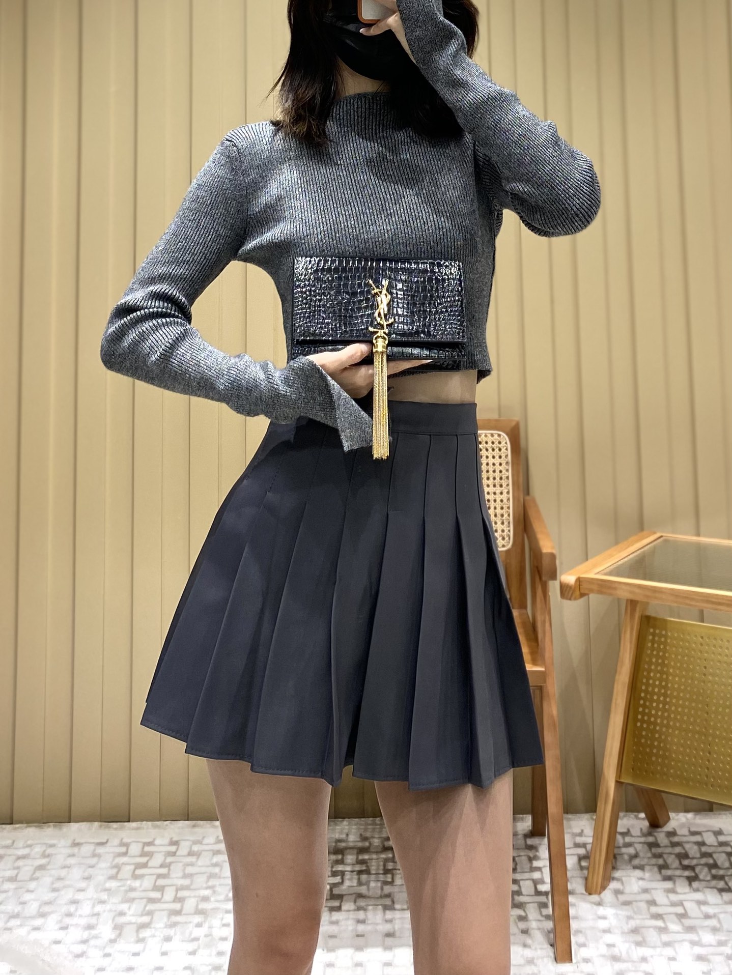 YSL KATE 19CM 流苏链条包 452159鳄鱼纹/黑色金扣