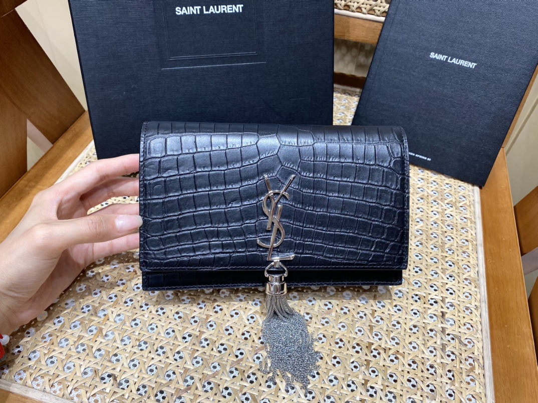 YSL KATE 19CM 流苏链条包 452159鳄鱼纹/黑色银扣