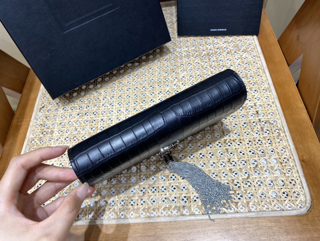 YSL KATE 19CM 流苏链条包 452159鳄鱼纹/黑色银扣