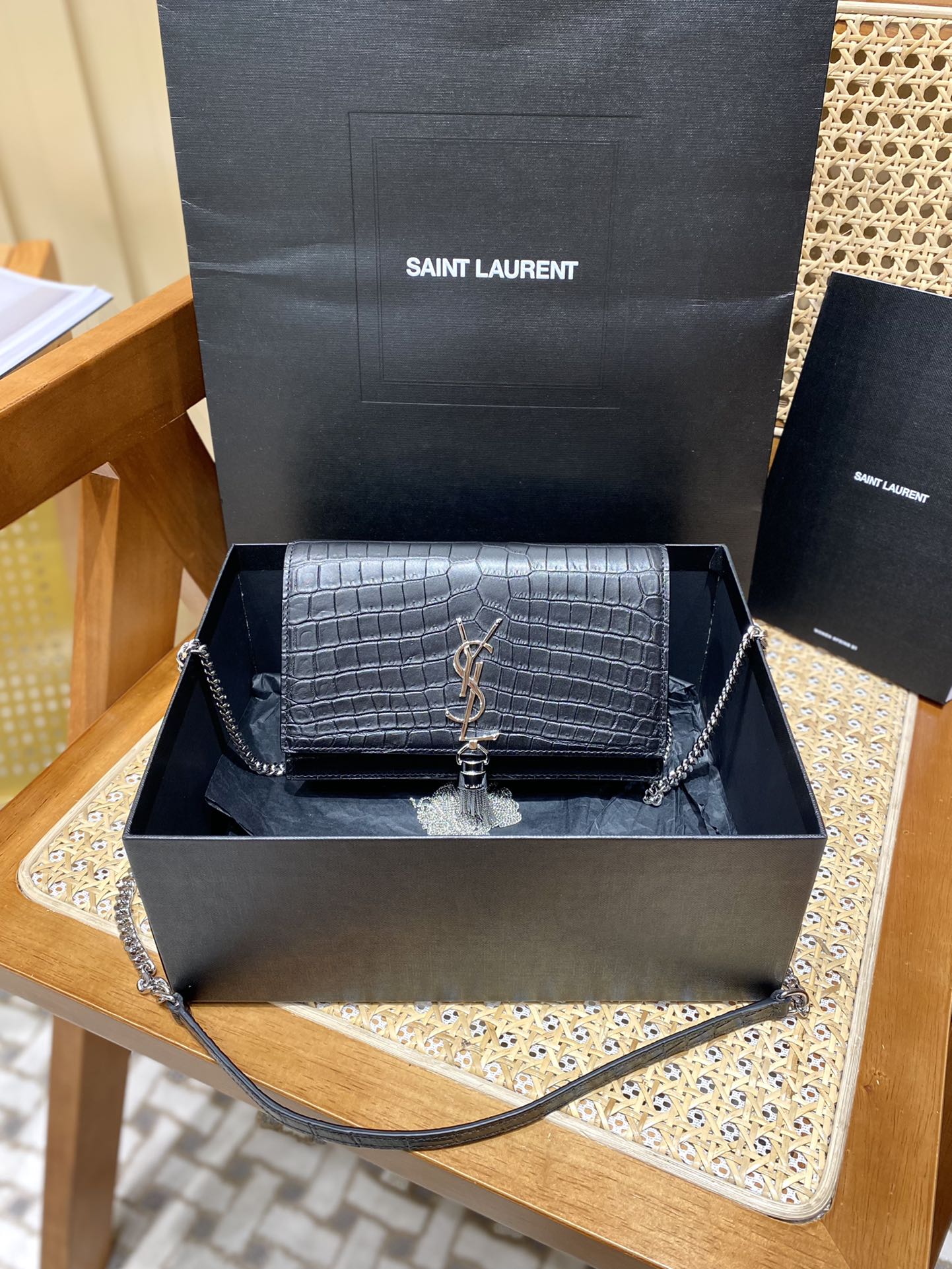 YSL KATE 19CM 流苏链条包 452159鳄鱼纹/黑色银扣