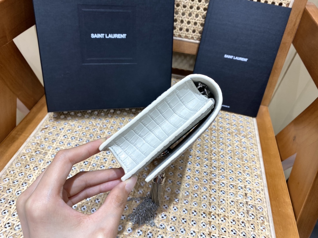 YSL KATE 19CM 流苏链条包 452159鳄鱼纹/白色银扣