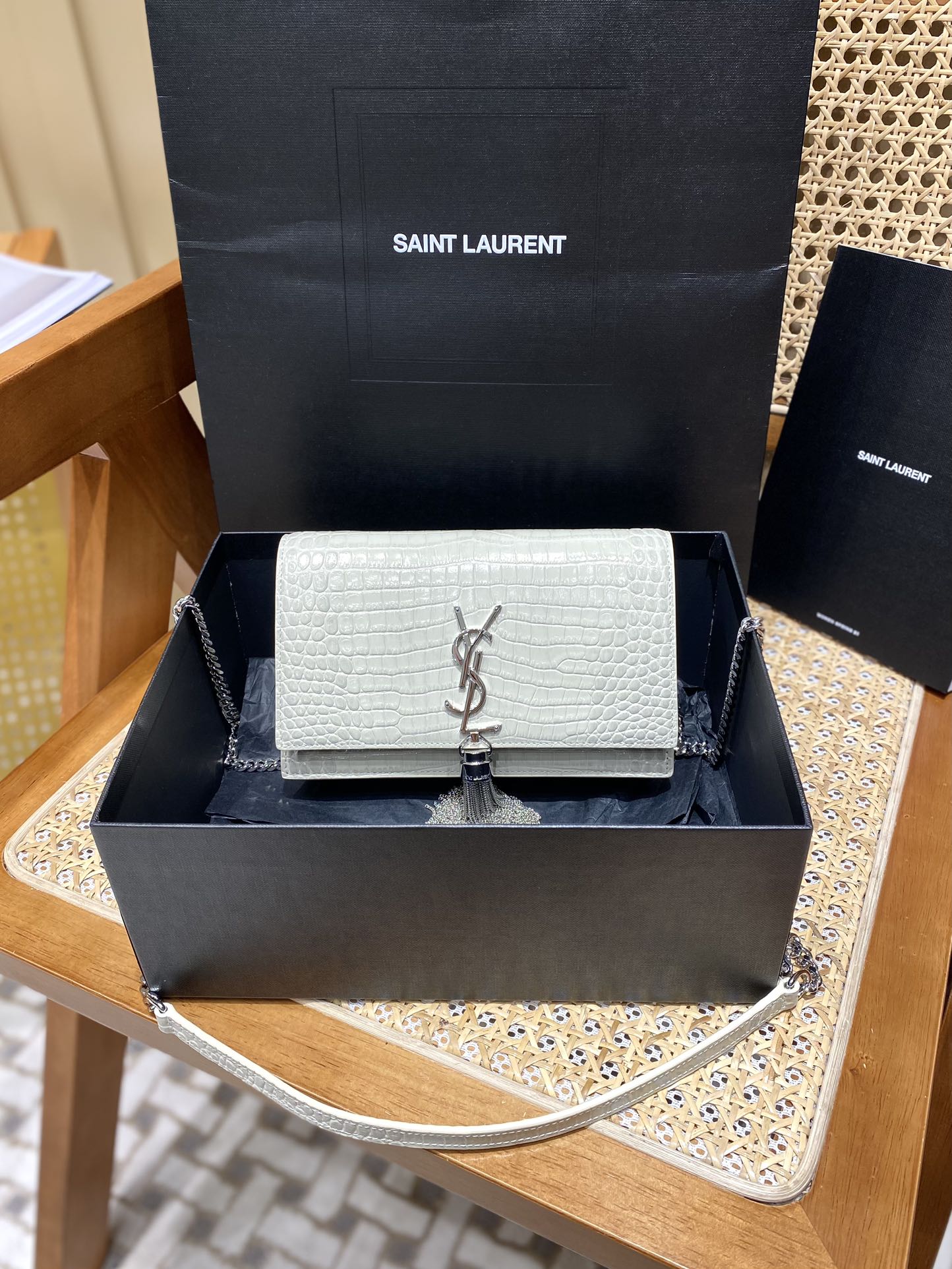YSL KATE 19CM 流苏链条包 452159鳄鱼纹/白色银扣