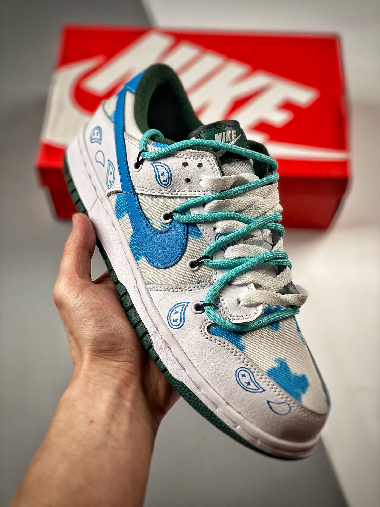 -2 Nk Dunk SB Low blanco y azul con estampado de anacardo, producción original de fábrica, fotos reales de estreno, mat…