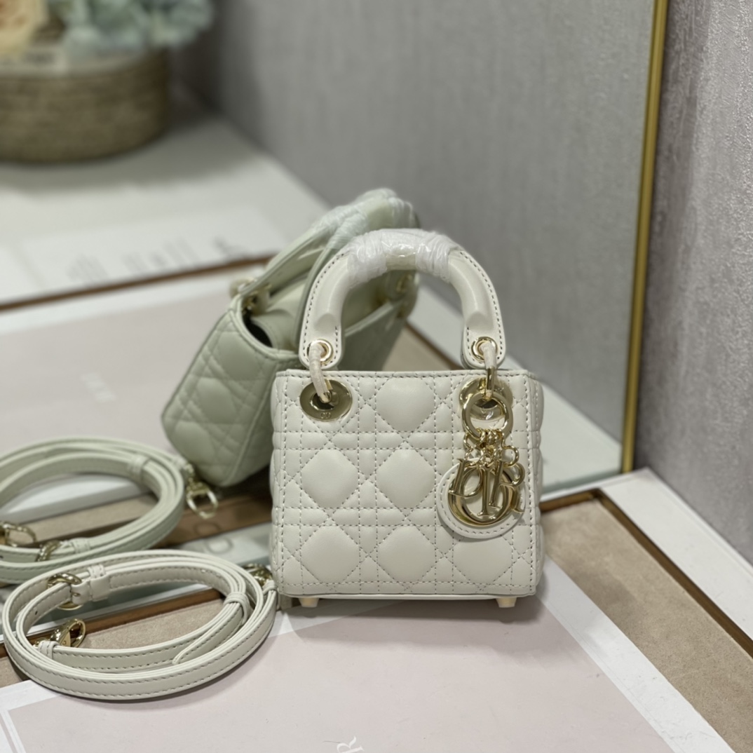 Dior Lady Handbags Crossbody & Shoulder Bags Gold White Sheepskin Mini