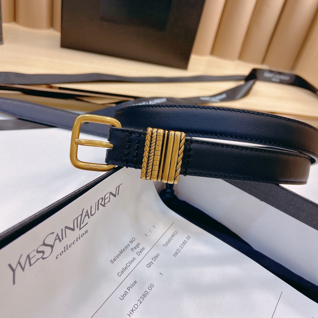 圣罗兰YSL窄款腰带古铜色金属方扣镌