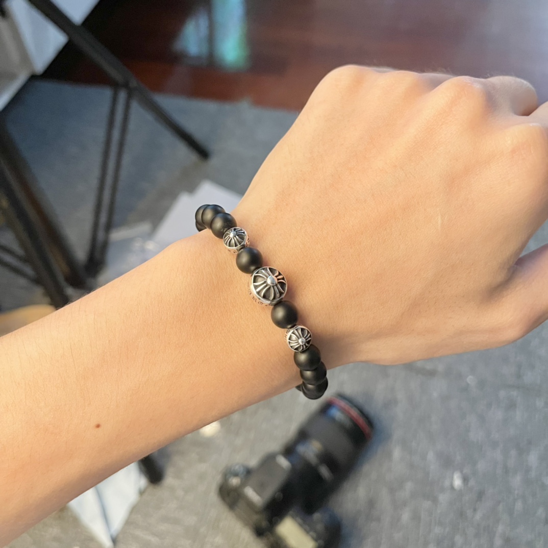 Chrome Hearts 𝐂𝐡𝐫𝐨𝐦𝐞 𝐡𝐞𝐚𝐫𝐭𝐬 克罗心 磨砂黑曜石银珠手链