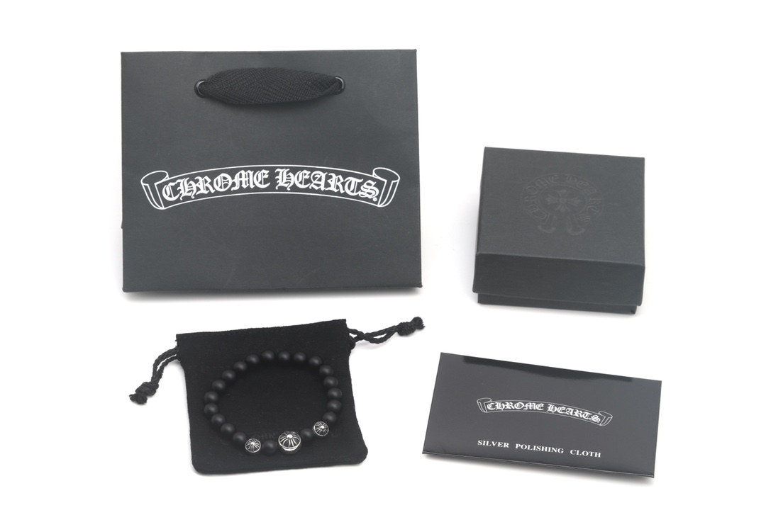 Chrome Hearts 𝐂𝐡𝐫𝐨𝐦𝐞 𝐡𝐞𝐚𝐫𝐭𝐬 克罗心 磨砂黑曜石银珠手链