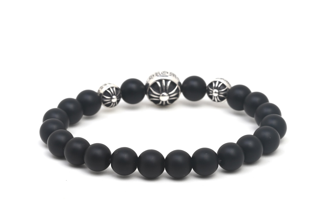 Chrome Hearts 𝐂𝐡𝐫𝐨𝐦𝐞 𝐡𝐞𝐚𝐫𝐭𝐬 克罗心 磨砂黑曜石银珠手链
