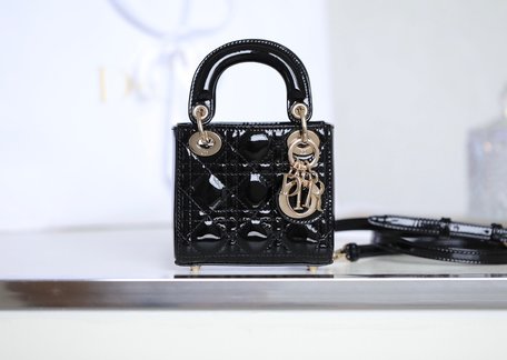 Dior Lady Bags Handbags Black Cowhide Patent Leather Mini