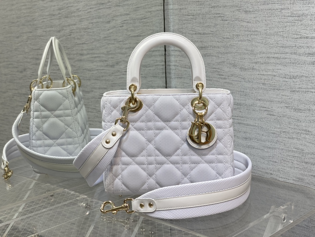 Dior Lady Five-Grid Technical Fabric White Handbag Wide Shoulder Strap