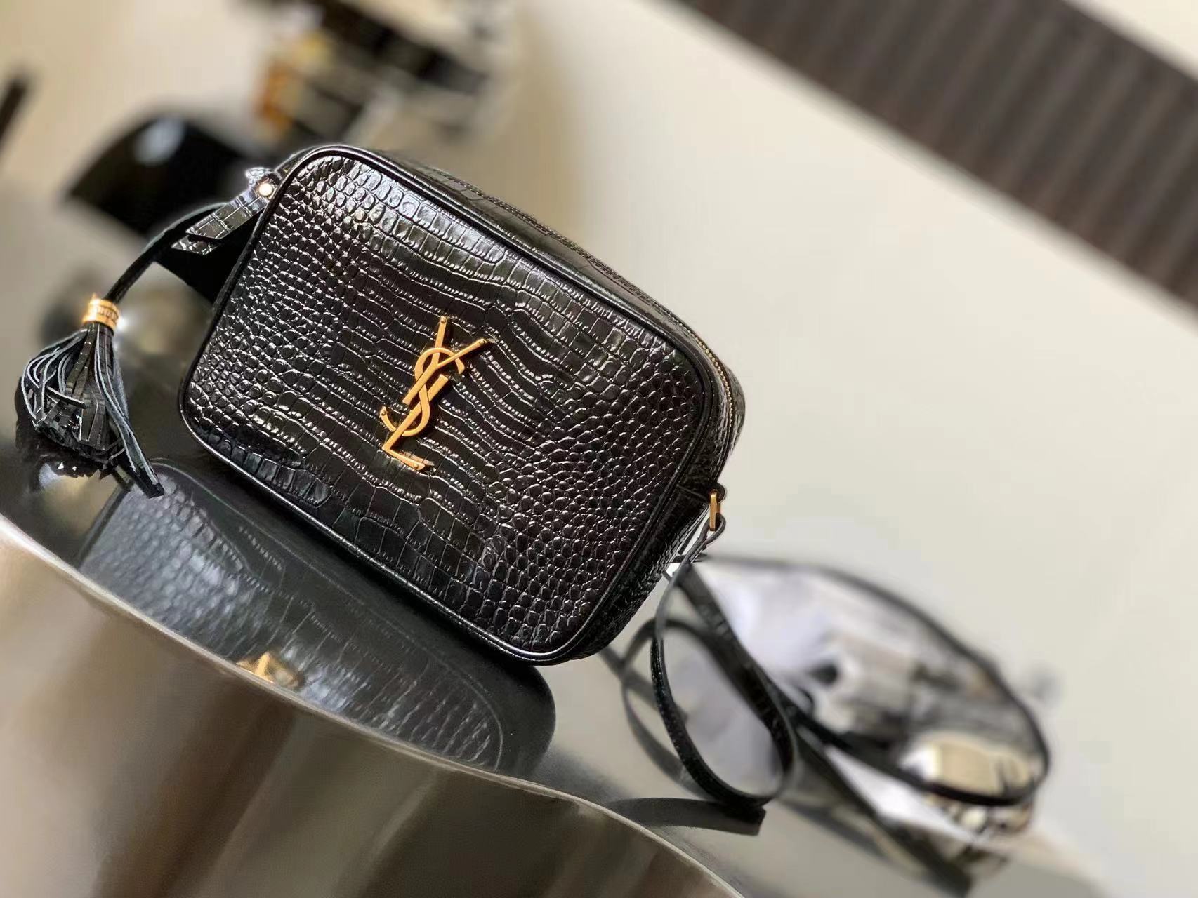 YSL quilted crocodile-embossed leather camera bag tassel shoulder bag